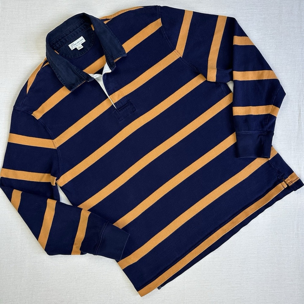 J Crew Rugby Polo Shirt Men L Blue Orange Stripe Long Sleeve Heavy Thick Preppy
